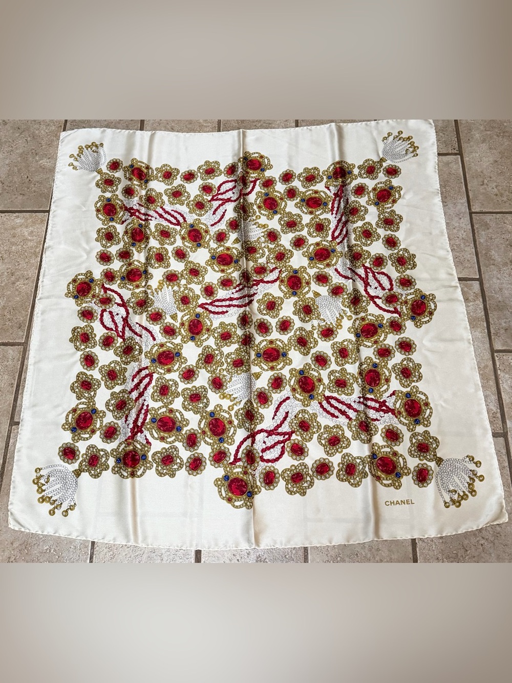 CHANEL Cream Silk Scarf with Red, Gold and Blue Jewel Motif - Picture 2 of 10